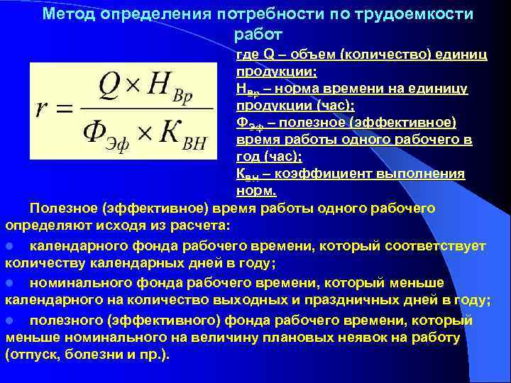 Метод определения потребности по трудоемкости работ где Q – объем (количество) единиц продукции; НВр