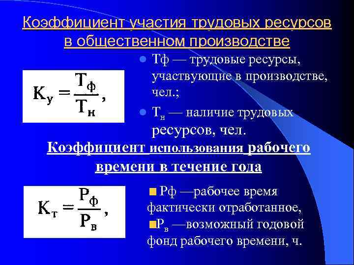 Коэффициент участия трудовых ресурсов в общественном производстве Тф — трудовые ресурсы, участвующие в производстве,