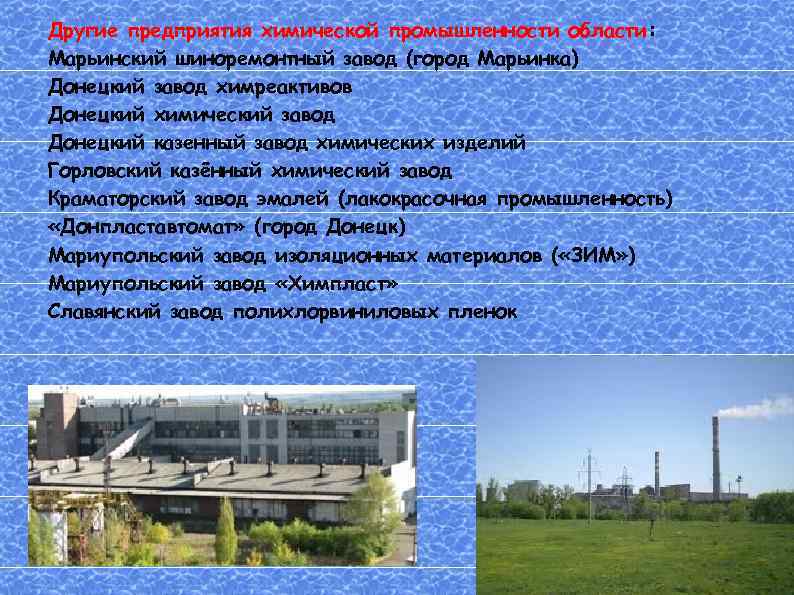 Другие предприятия химической промышленности области: Марьинский шиноремонтный завод (город Марьинка) Донецкий завод химреактивов Донецкий