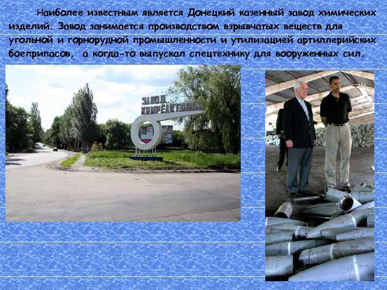 Наиболее известным является Донецкий казенный завод химических изделий. Завод занимается производством взрывчатых веществ для