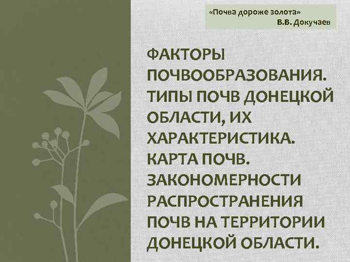  «Почва дороже золота» В. В. Докучаев ФАКТОРЫ ПОЧВООБРАЗОВАНИЯ. ТИПЫ ПОЧВ ДОНЕЦКОЙ ОБЛАСТИ, ИХ