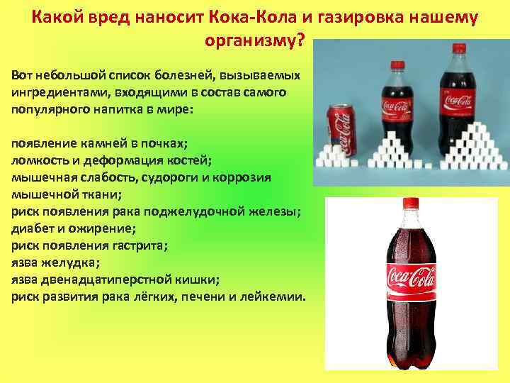 Какой вред наносит Кока-Кола и газировка нашему организму? Вот небольшой список болезней, вызываемых ингредиентами,