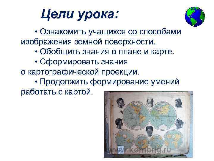 Цели урока: • Ознакомить учащихся со способами изображения земной поверхности. • Обобщить знания о
