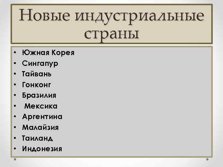 Новые индустриальные страны • • • Южная Корея Сингапур Тайвань Гонконг Бразилия Мексика Аргентина