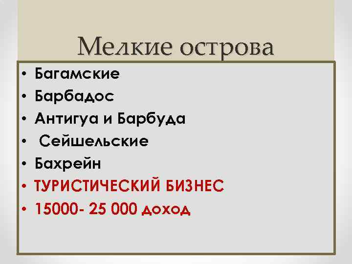 Мелкие острова • • Багамские Барбадос Антигуа и Барбуда Сейшельские Бахрейн ТУРИСТИЧЕСКИЙ БИЗНЕС 15000