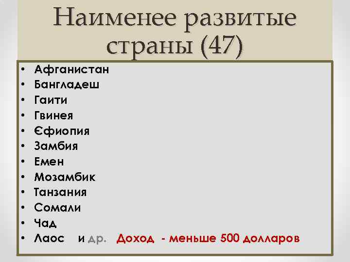 Наименее развитые страны (47) • • • Афганистан Бангладеш Гаити Гвинея Єфиопия Замбия Емен