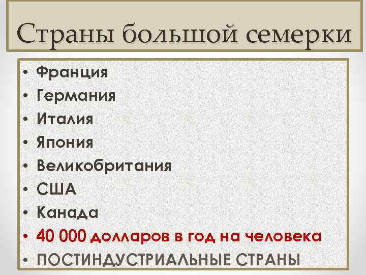 Страны большой семерки • • • Франция Германия Италия Япония Великобритания США Канада 40