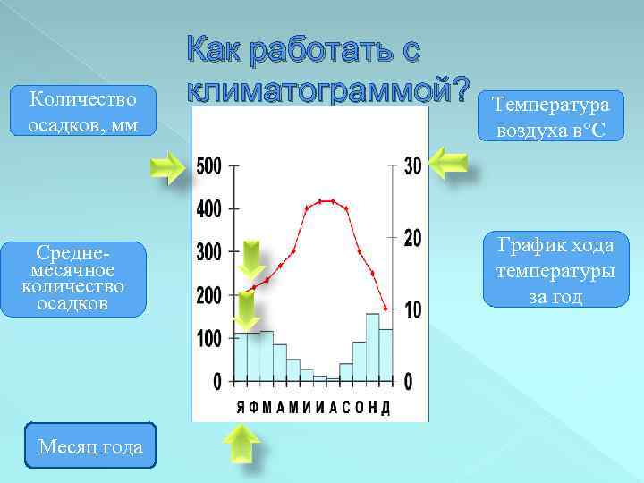 Количество осадков, мм Среднемесячное количество осадков Месяц года Как работать с климатограммой? Температура воздуха