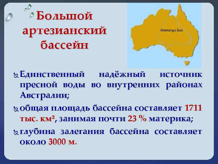 Большой артезианский бассейн Единственный надёжный источник пресной воды во внутренних районах Австралии; общая площадь