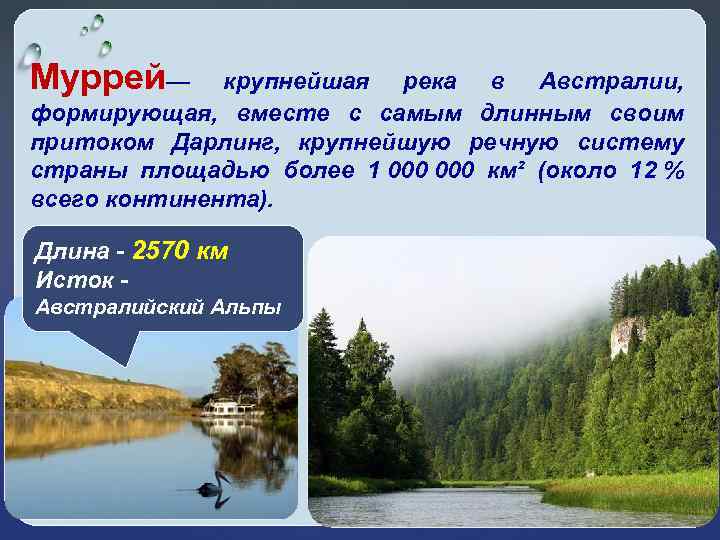 Муррей— крупнейшая река в Австралии, формирующая, вместе с самым длинным своим притоком Дарлинг, крупнейшую