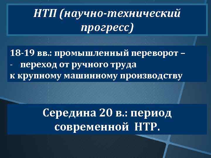 НТП (научно-технический прогресс) 18 -19 вв. : промышленный переворот – - переход от ручного