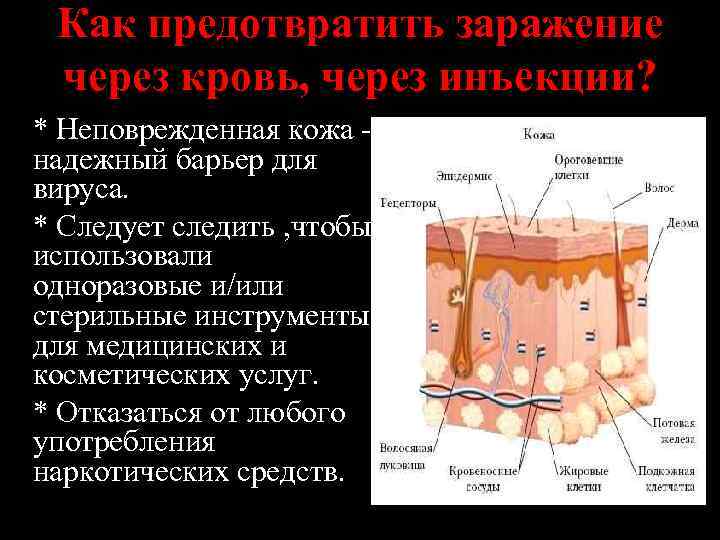 Как предотвратить заражение через кровь, через инъекции? * Неповрежденная кожа - надежный барьер для