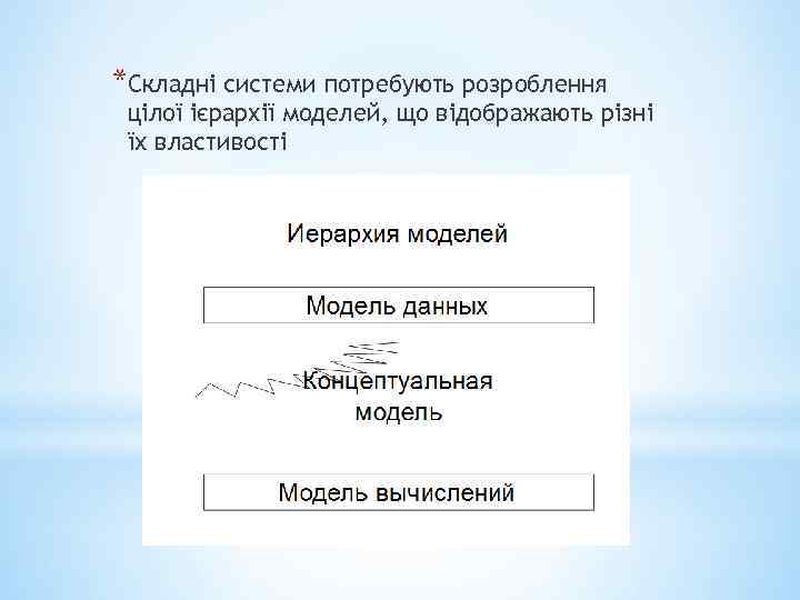 *Складні системи потребують розроблення цілої ієрархії моделей, що відображають різні їх властивості 