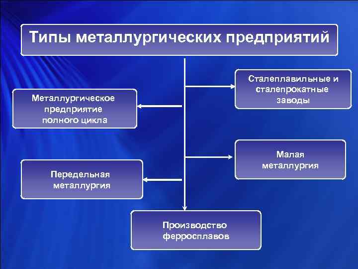 Типы металлургических предприятий Сталеплавильные и сталепрокатные заводы Металлургическое предприятие полного цикла Малая металлургия Передельная