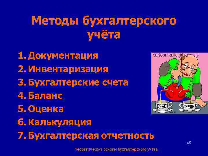 Методы бухгалтерского учёта 1. Документация 2. Инвентаризация 3. Бухгалтерские счета 4. Баланс 5. Оценка