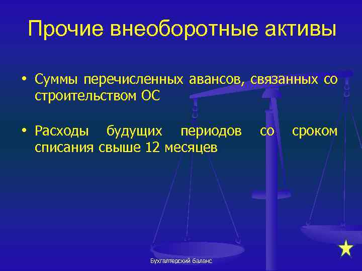 Прочие внеоборотные активы • Суммы перечисленных авансов, связанных со строительством ОС • Расходы будущих