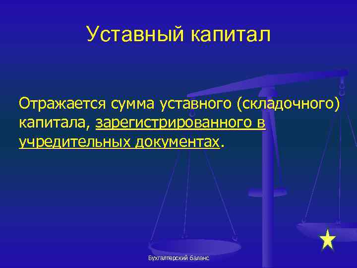 Уставный капитал Отражается сумма уставного (складочного) капитала, зарегистрированного в учредительных документах. Бухгалтерский баланс 