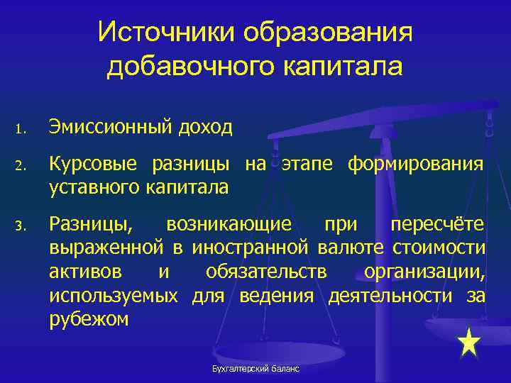 Источники образования добавочного капитала 1. Эмиссионный доход 2. Курсовые разницы на этапе формирования уставного