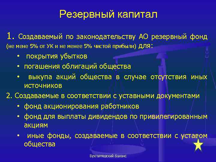 Резервный капитал 1. Создаваемый по законодательству АО резервный фонд (не мене 5% от УК