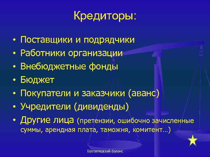 Кредиторы: • • Поставщики и подрядчики Работники организации Внебюджетные фонды Бюджет Покупатели и заказчики