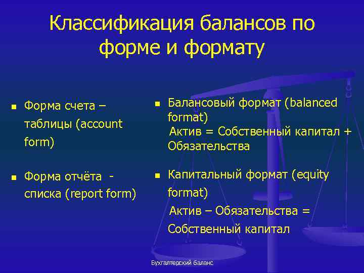 Классификация балансов по форме и формату n n Форма счета – таблицы (account form)