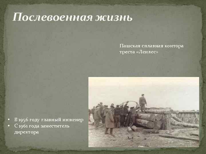 Послевоенная жизнь Пашская сплавная контора треста «Ленлес» • В 1956 году главный инженер •