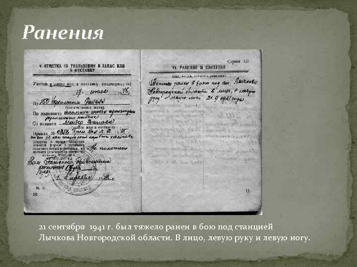 Ранения 21 сентября 1941 г. был тяжело ранен в бою под станцией Лычкова Новгородской