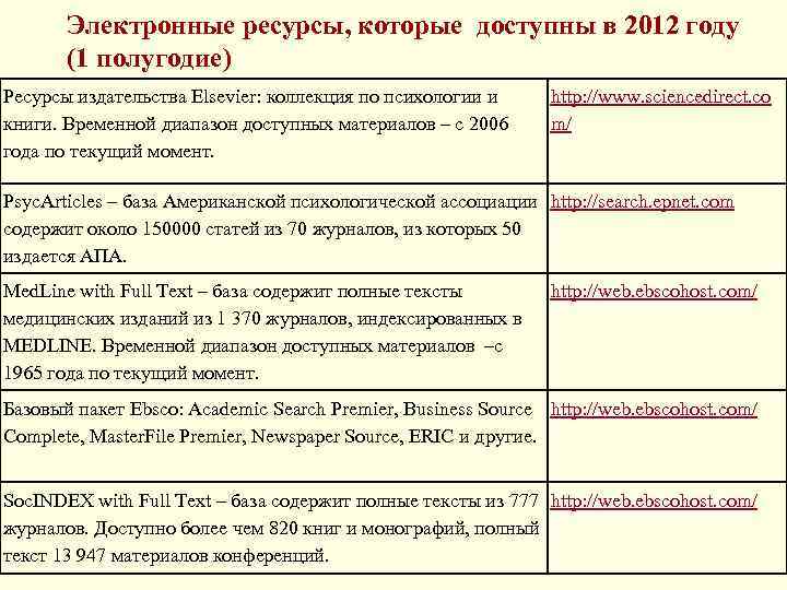 Электронные ресурсы, которые доступны в 2012 году (1 полугодие) Ресурсы издательства Elsevier: коллекция по