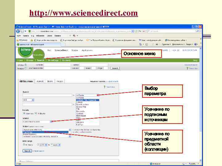 http: //www. sciencedirect. com Основное меню Выбор параметра Усечение по подписным источникам Усечение по