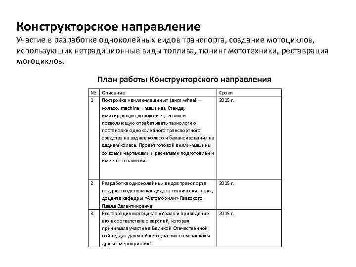 Конструкторское направление Участие в разработке одноколейных видов транспорта, создание мотоциклов, использующих нетрадиционные виды топлива,