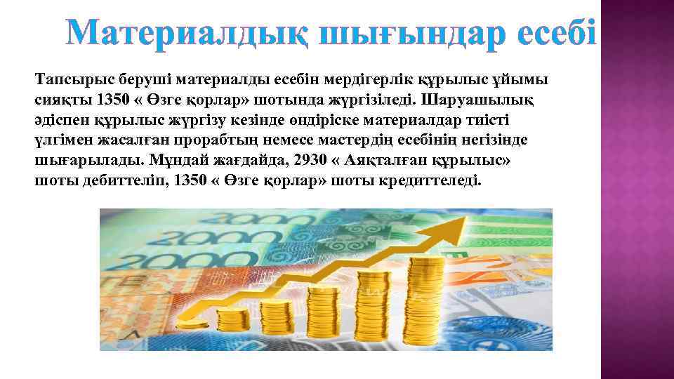 Материалдық шығындар есебі Тапсырыс беруші материалды есебін мердігерлік құрылыс ұйымы сияқты 1350 « Өзге