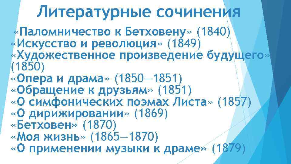 Литературные сочинения «Паломничество к Бетховену» (1840) «Искусство и революция» (1849) «Художественное произведение будущего» (1850)