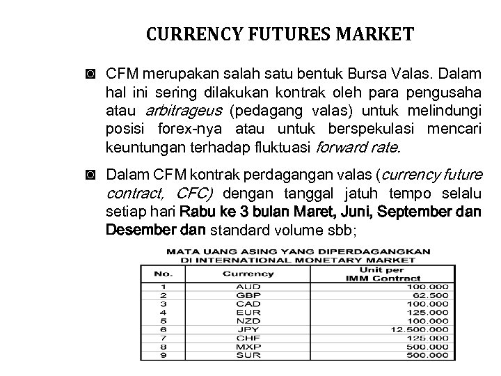 CURRENCY FUTURES MARKET ◙ CFM merupakan salah satu bentuk Bursa Valas. Dalam hal ini