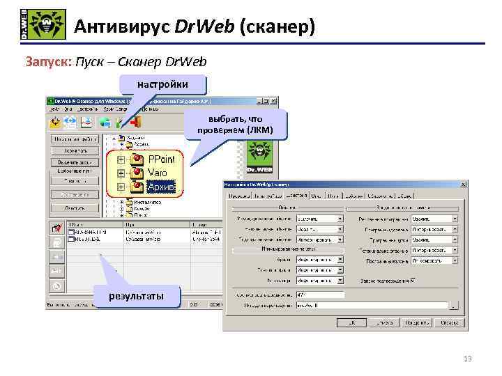 Антивирус Dr. Web (сканер) Запуск: Пуск – Сканер Dr. Web настройки выбрать, что проверяем