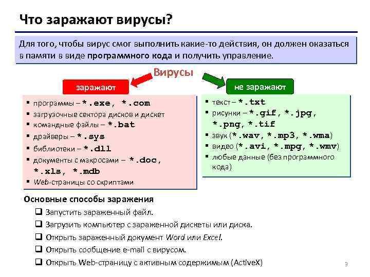 Что заражают вирусы? Для того, чтобы вирус смог выполнить какие-то действия, он должен оказаться