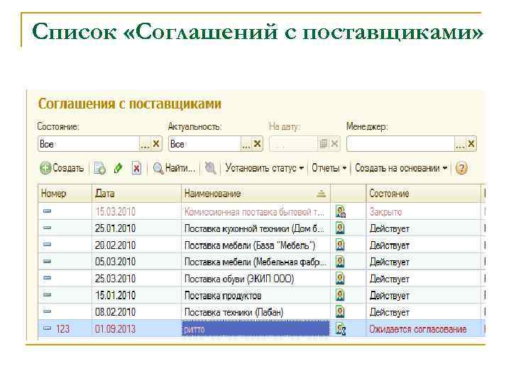 Список «Соглашений с поставщиками» 