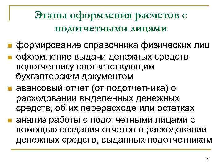 Этапы оформления расчетов с подотчетными лицами n n формирование справочника физических лиц оформление выдачи