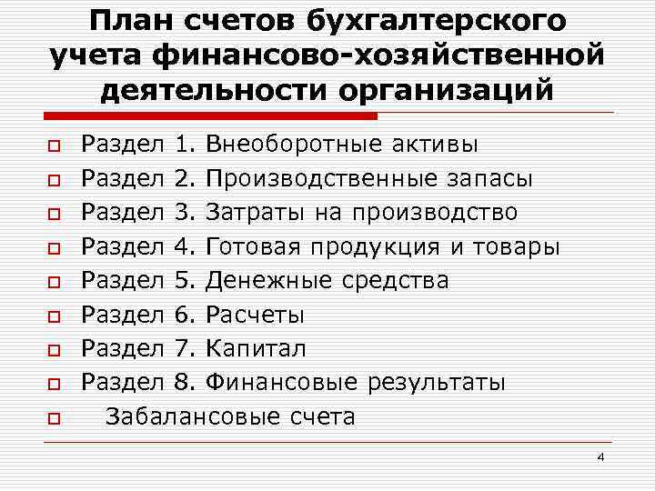 План счетов бухгалтерского учета финансово-хозяйственной деятельности организаций o o o o o Раздел 1.