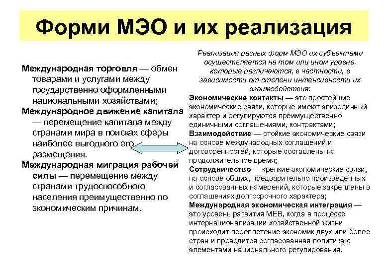 Форми МЭО и их реализация Международная торговля — обмен товарами и услугами между государственно