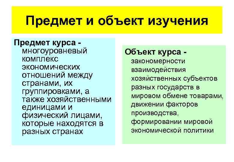 Предмет и объект изучения Предмет курса - многоуровневый комплекс экономических отношений между странами, их