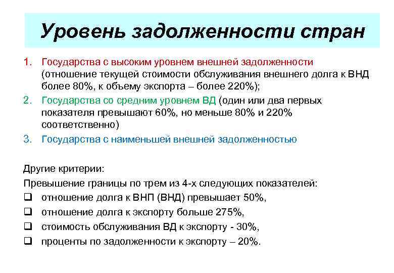 Уровень задолженности стран 1. Государства с высоким уровнем внешней задолженности (отношение текущей стоимости обслуживания