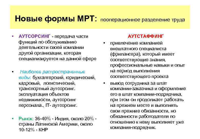 Новые формы МРТ: пооперационное разделение труда • • • АУТСОРСИНГ - передача части функций