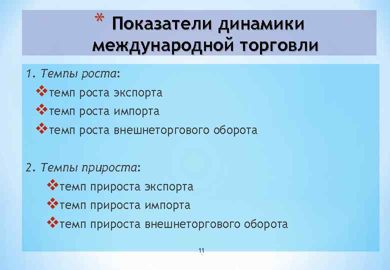 * Показатели динамики международной торговли 1. Темпы роста: vтемп роста экспорта vтемп роста импорта