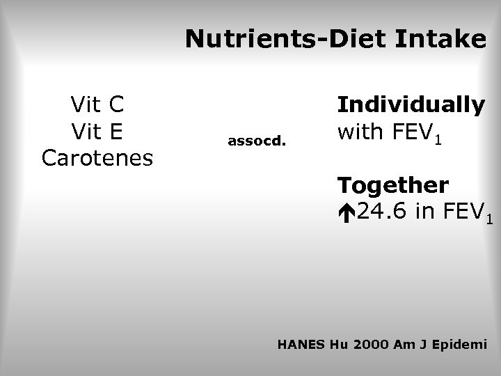 Nutrients-Diet Intake Vit C Vit E Carotenes assocd. Individually with FEV 1 Together 24.