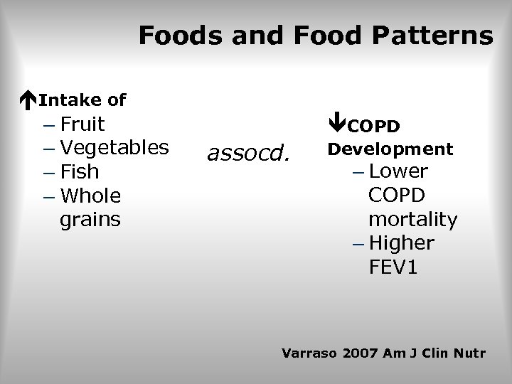 Foods and Food Patterns Intake of – Fruit – Vegetables – Fish – Whole