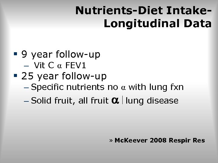 Nutrients-Diet Intake. Longitudinal Data § 9 year follow-up – Vit C α FEV 1