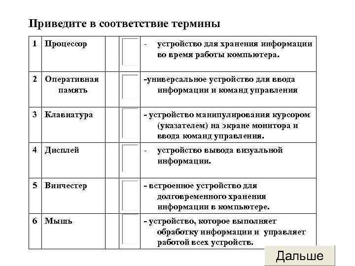 Приведите в соответствие термины 1 Процессор - 2 Оперативная память -универсальное устройство для ввода