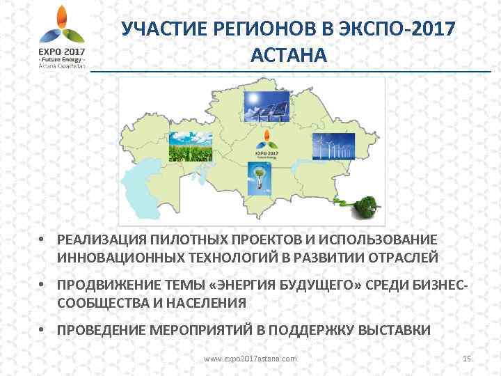 УЧАСТИЕ РЕГИОНОВ В ЭКСПО-2017 АСТАНА • РЕАЛИЗАЦИЯ ПИЛОТНЫХ ПРОЕКТОВ И ИСПОЛЬЗОВАНИЕ ИННОВАЦИОННЫХ ТЕХНОЛОГИЙ В