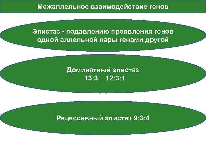 Межаллельное взаимодействие генов Эпистаз - подавлению проявления генов одной аллельной пары генами другой Доминатный