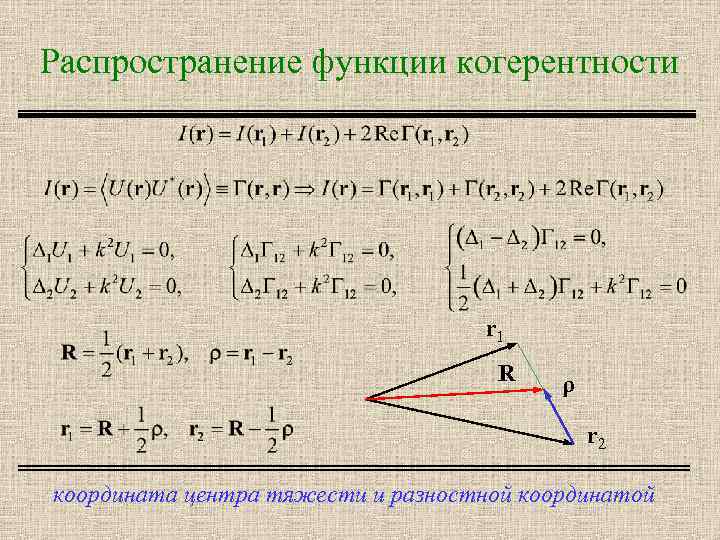 Распространение функции когерентности r 1 R ρ r 2 координата центра тяжести и разностной